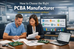 Engineer and procurement manager reviewing PCB and PCBA supplier evaluation criteria including quality, capability, lead time, and DFM support