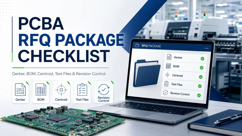 PCBA RFQ package checklist cover image showing Gerber, BOM, centroid, test files, and revision control for PCB assembly quoting