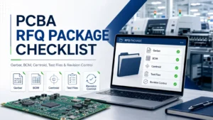 PCBA RFQ package checklist cover image showing Gerber, BOM, centroid, test files, and revision control for PCB assembly quoting
