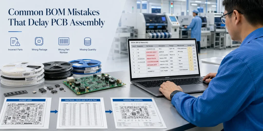 Engineer reviewing a PCB assembly BOM with PCB boards, electronic components, and production documents