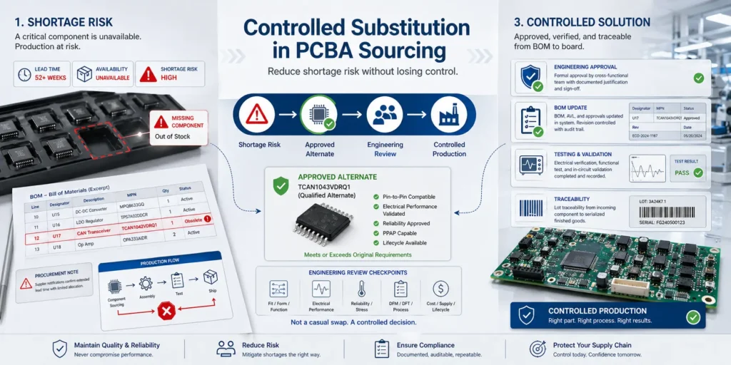 Illustration showing how approved alternates reduce shortage risk in PCBA sourcing while maintaining engineering control