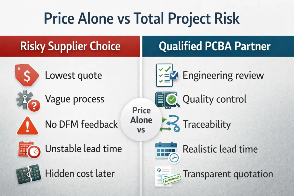 Comparison infographic showing the difference between choosing a low-price PCBA supplier and choosing a qualified PCB assembly partner based on quality, DFM, traceability, and delivery reliability