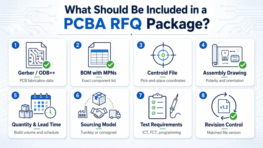 Infographic showing the main files and information required in a PCBA RFQ package, including Gerber, BOM, centroid, assembly drawing, test requirements, and revision control