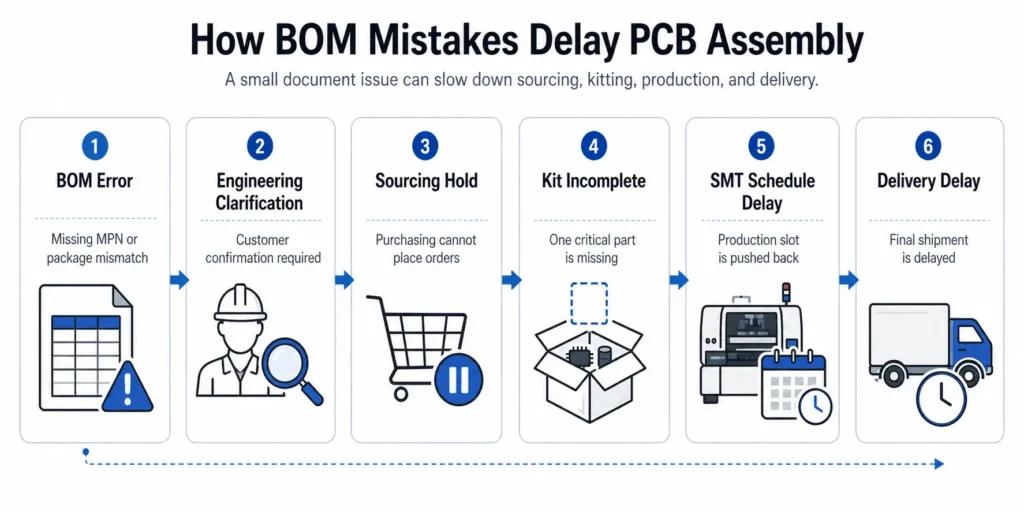 Workflow infographic showing how BOM errors lead to sourcing delays, incomplete kits, SMT schedule changes, and delivery delays