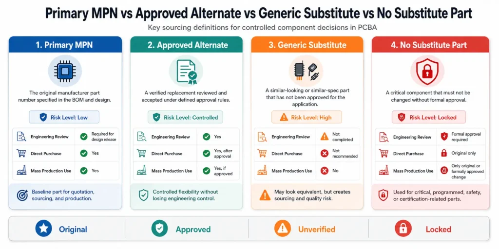 Comparison chart showing the difference between a primary MPN, an approved alternate, a generic substitute, and a no-substitute part in PCBA sourcing