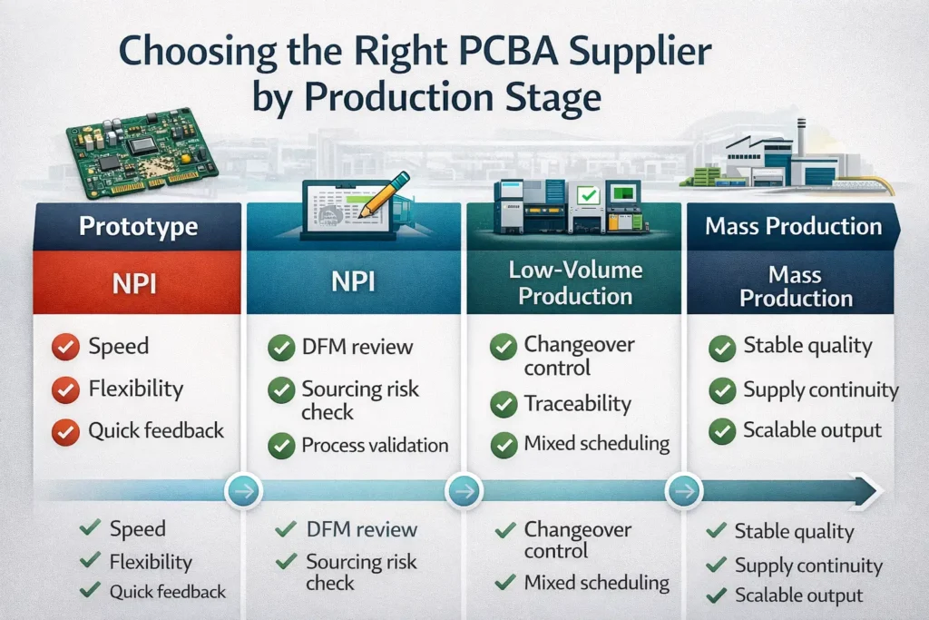 Infographic showing how PCBA supplier requirements differ across prototype, NPI, low-volume production, and mass production stages