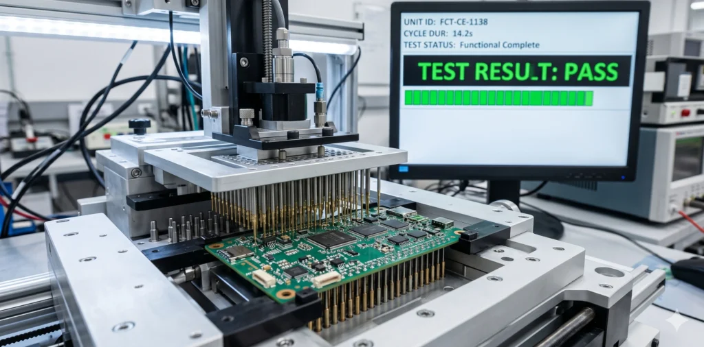 Custom automated functional testing (FCT) jig for consumer electronics PCBA quality control.
