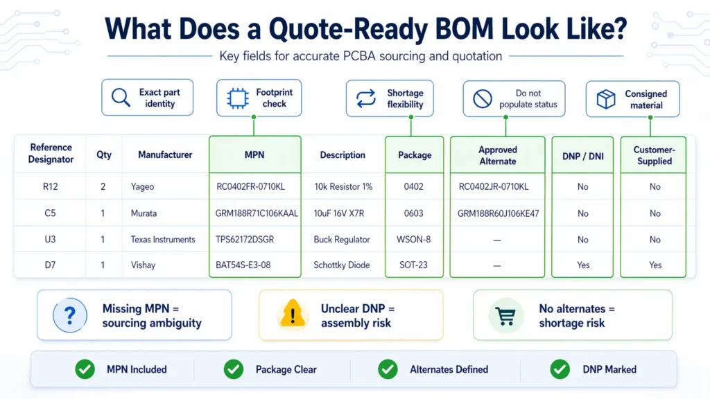Annotated BOM example showing essential fields such as reference designator, quantity, manufacturer part number, package, approved alternates, and DNP notes for PCB assembly quoting