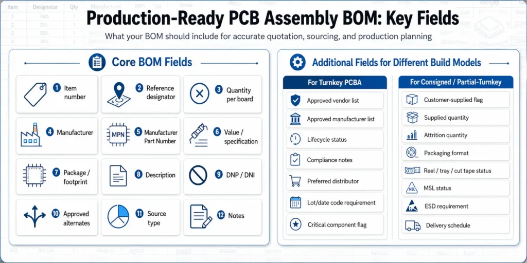 Infographic showing the essential fields required in a production-ready PCB assembly BOM