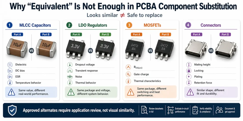 Technical infographic showing why similar-looking electronic parts are not always safe substitutes in PCBA sourcing