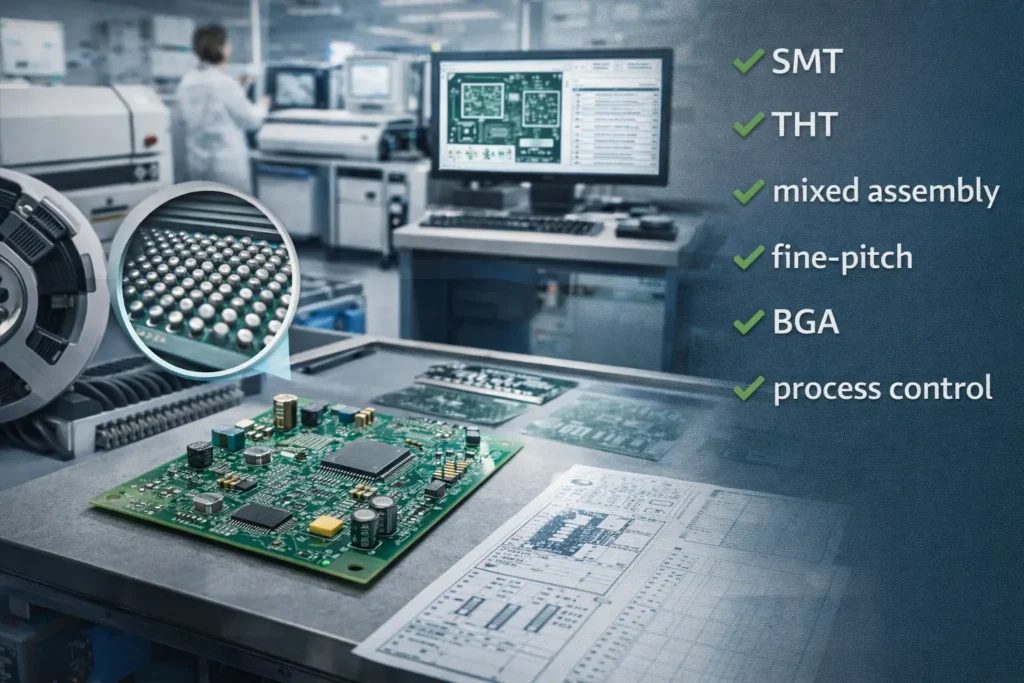 PCBA factory capability image showing SMT line, BGA assembly, fine-pitch components, THT processes, and inspection equipment