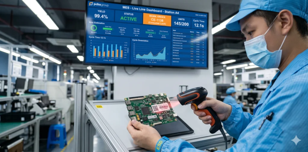 MES system barcode scanning for real-time PCBA production traceability and quality assurance.