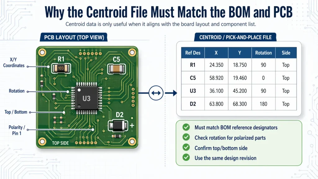 Diagram showing how centroid data maps reference designators, X-Y coordinates, rotation, and side information to PCB component locations and BOM entries