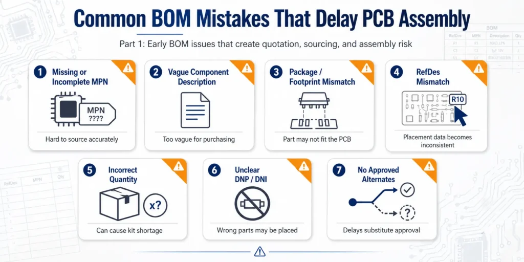 Grid infographic showing seven common BOM mistakes such as missing MPNs, vague descriptions, and footprint mismatches