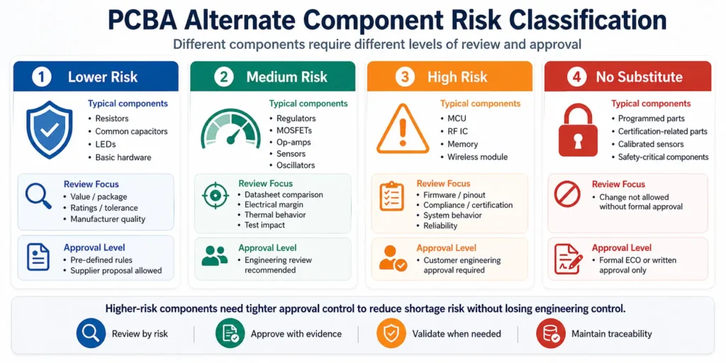 Risk classification infographic for alternate components in PCBA sourcing, from lower-risk passives to no-substitute critical parts