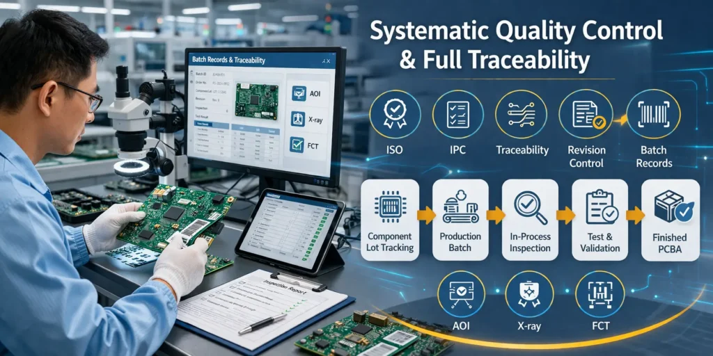 PCBA quality control image showing serialized boards, inspection records, traceability flow, and revision-controlled production data