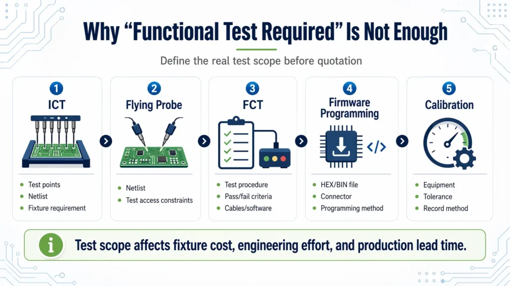 Infographic showing ICT, flying probe, FCT, firmware programming, and calibration requirements in a PCBA RFQ package