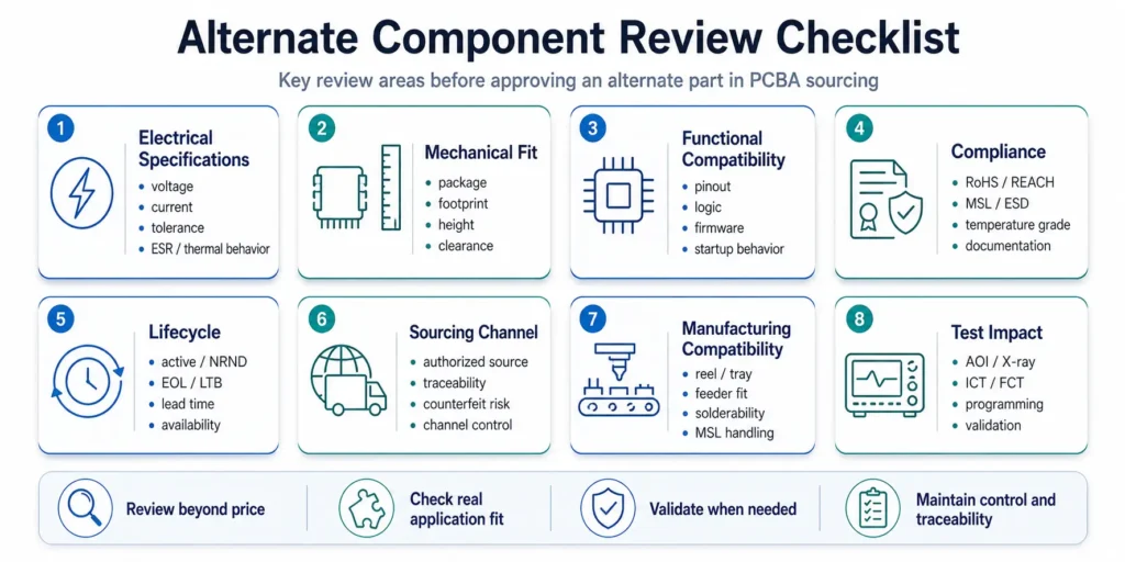 Checklist infographic showing the eight main review areas for approving alternate components in PCBA sourcing