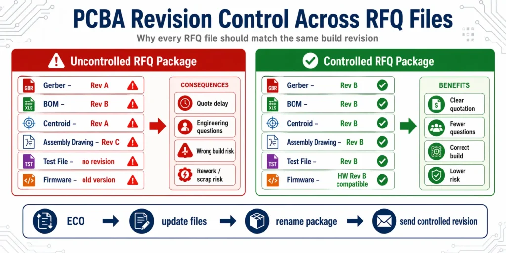 Comparison diagram showing uncontrolled and controlled PCBA RFQ file revisions across Gerber, BOM, centroid, assembly drawing, test files, and firmware