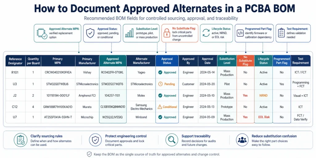 Illustration of a BOM structure showing recommended fields for documenting approved alternates in PCBA sourcing