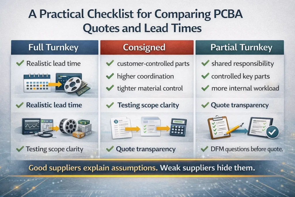 Checklist infographic for evaluating PCBA supplier quotes, lead times, component availability, testing scope, and common red flags