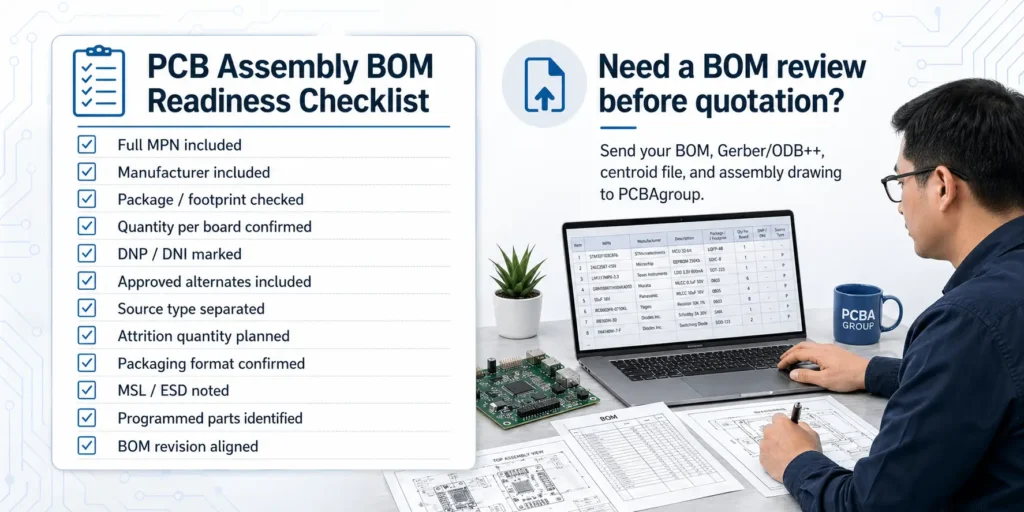 Checklist infographic for reviewing a PCB assembly BOM before sending an RFQ to a PCBA supplier