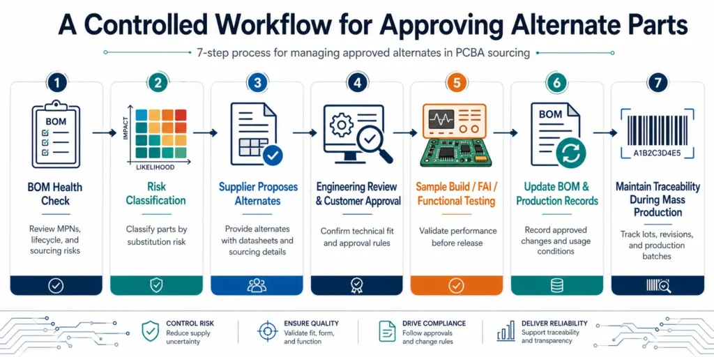 Seven-step workflow infographic showing how approved alternate parts are reviewed and controlled in PCBA sourcing
