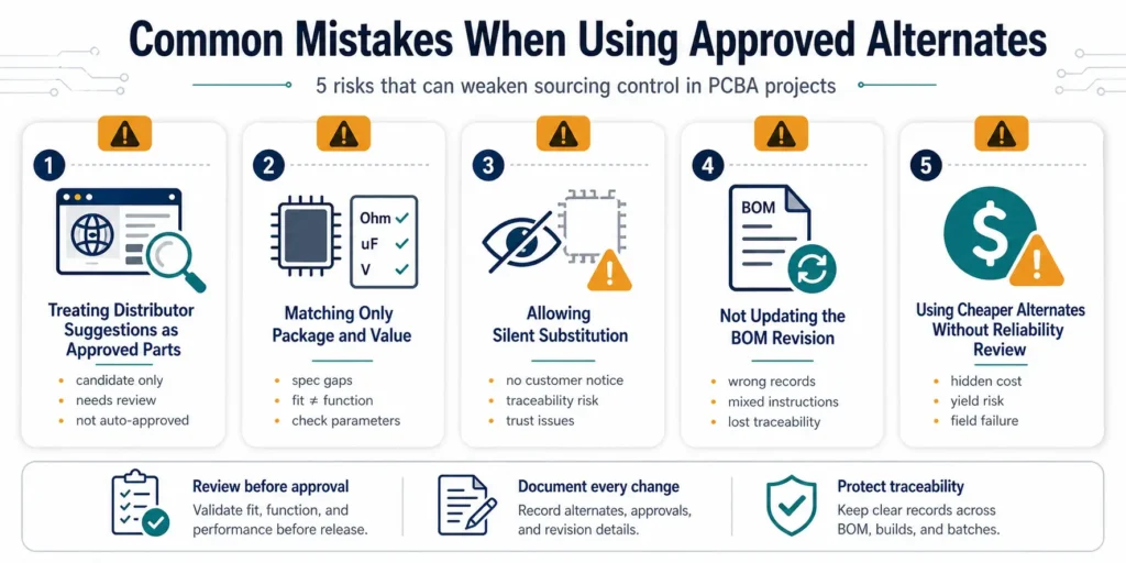 Warning-style infographic showing five common mistakes in managing approved alternates for PCBA sourcing
