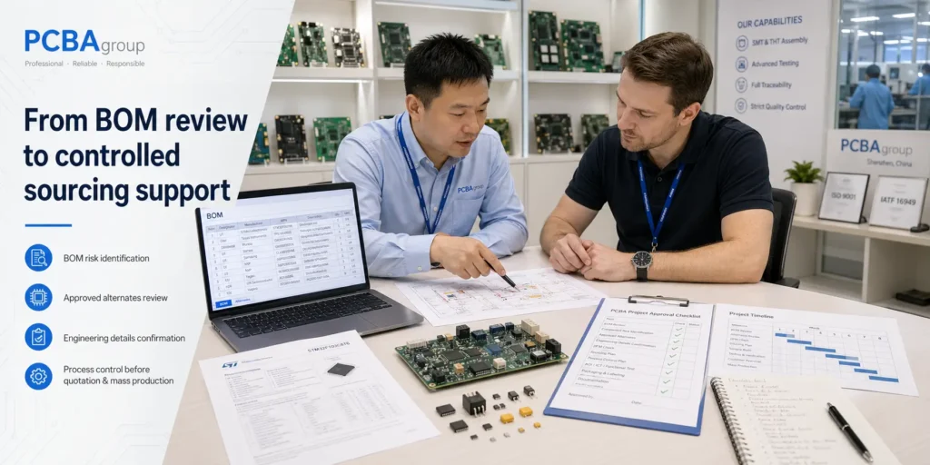 Professional project review scene showing a PCBAgroup engineer discussing BOM review and approved alternate control with a customer