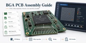BGA PCB assembly guide showing a PCB with BGA package, X-ray inspection, DFM review and RFQ planning