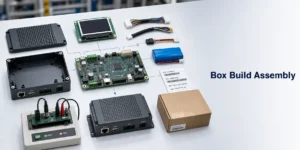 Box build assembly showing PCBA, enclosure, cables, firmware testing, labeling, and packaging