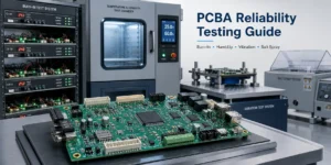 PCBA reliability testing guide showing burn-in, humidity, vibration, and salt spray tests