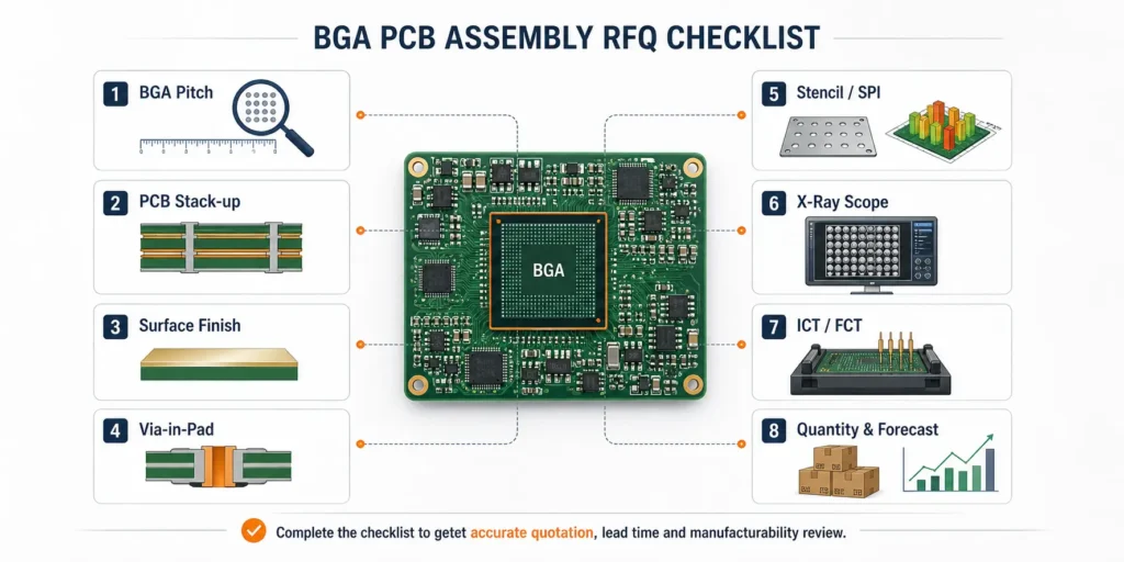 BGA PCB assembly RFQ checklist covering pitch, stack-up, surface finish, via-in-pad, X-ray inspection, testing and quantity