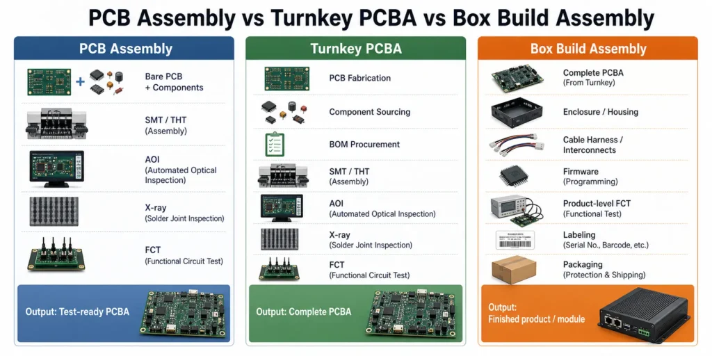 Comparison of PCB assembly, turnkey PCBA, and box build assembly manufacturing scope