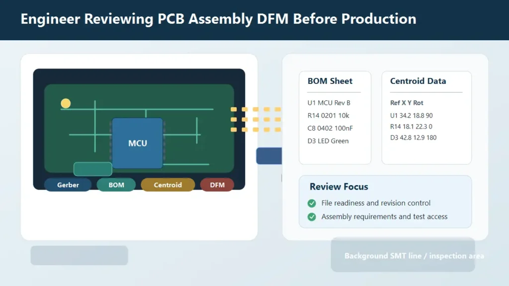Engineer reviewing PCB assembly DFM files before prototype and mass production