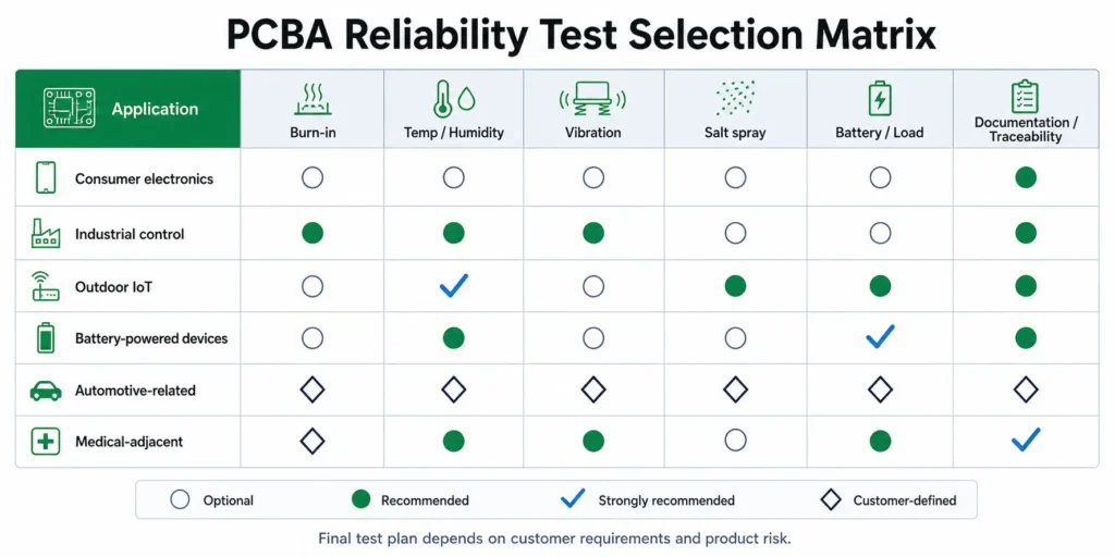 PCBA reliability test matrix for consumer, industrial, outdoor, battery, automotive, and medical electronics