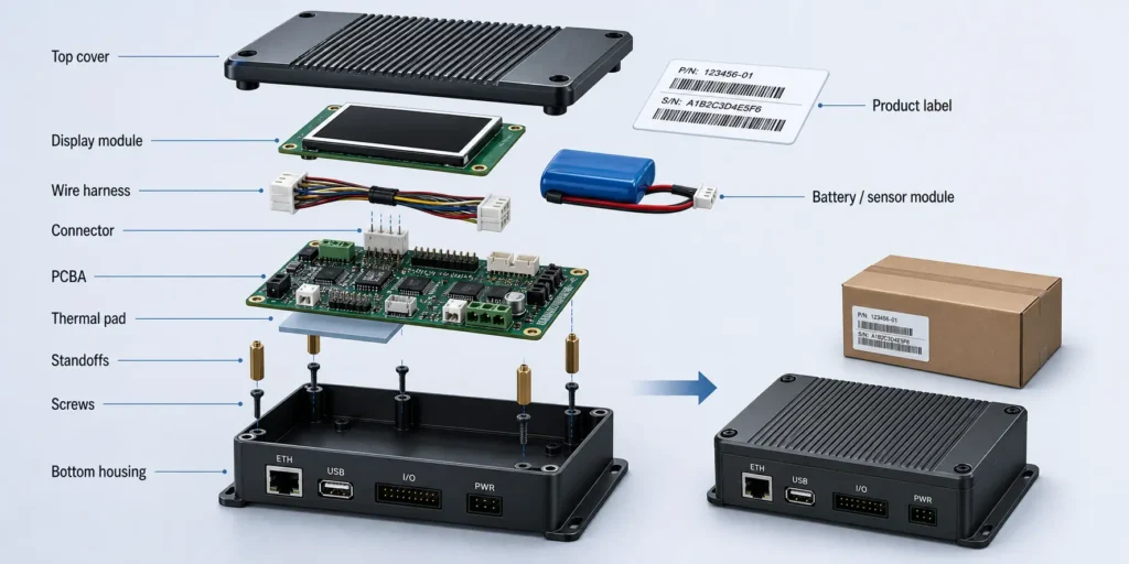 Exploded view of electronics box build with PCBA, enclosure, cables, display, battery, and labels