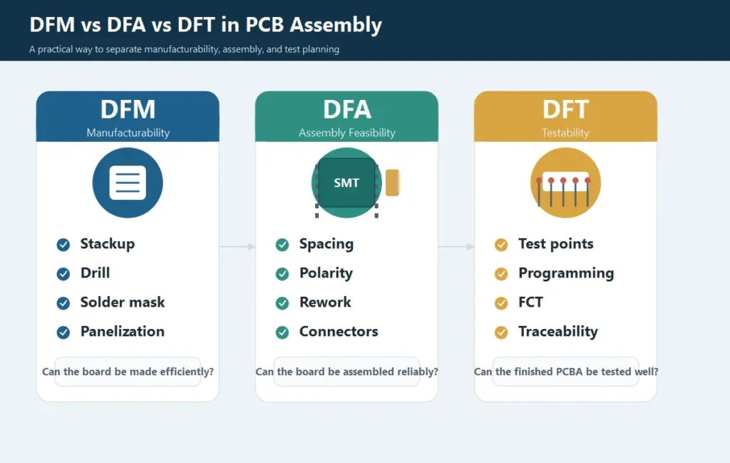 Comparison of DFM, DFA, and DFT in PCB assembly review