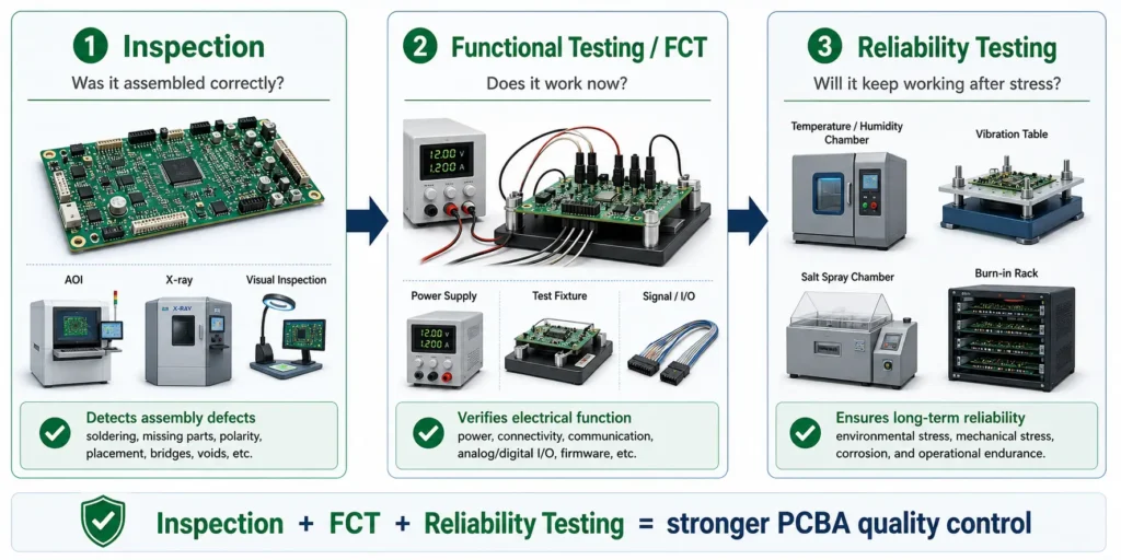 Diagram comparing PCBA inspection, functional testing, and reliability testing
