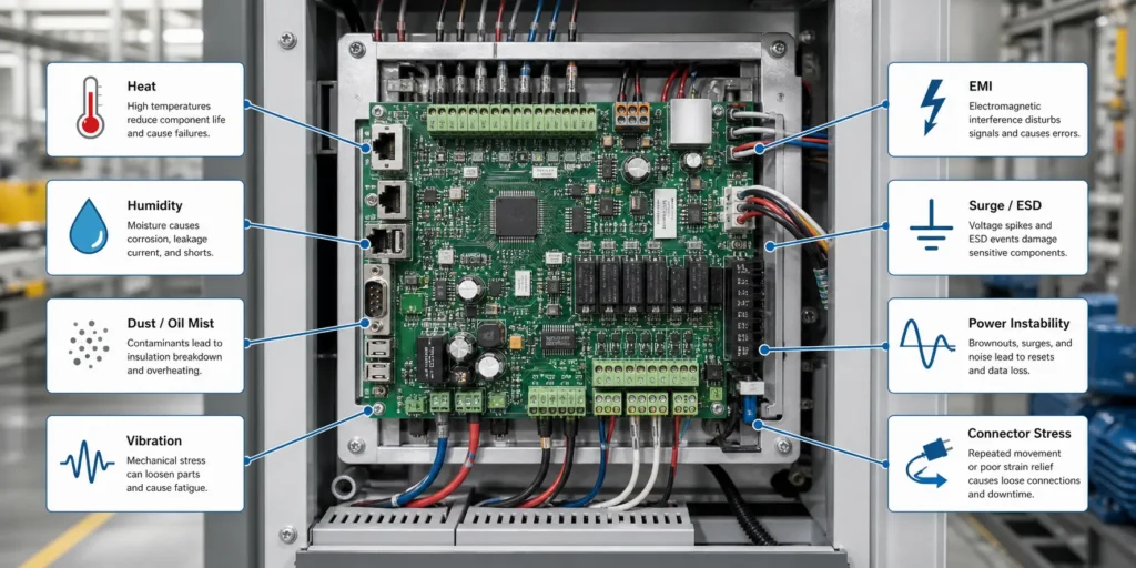 Industrial PCBA environment risks including heat, humidity, vibration and EMI