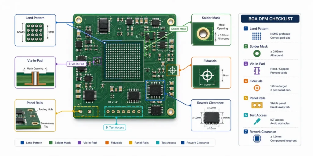 BGA PCB assembly DFM diagram showing land pattern, solder mask, via-in-pad, fiducials, panel support and rework clearance