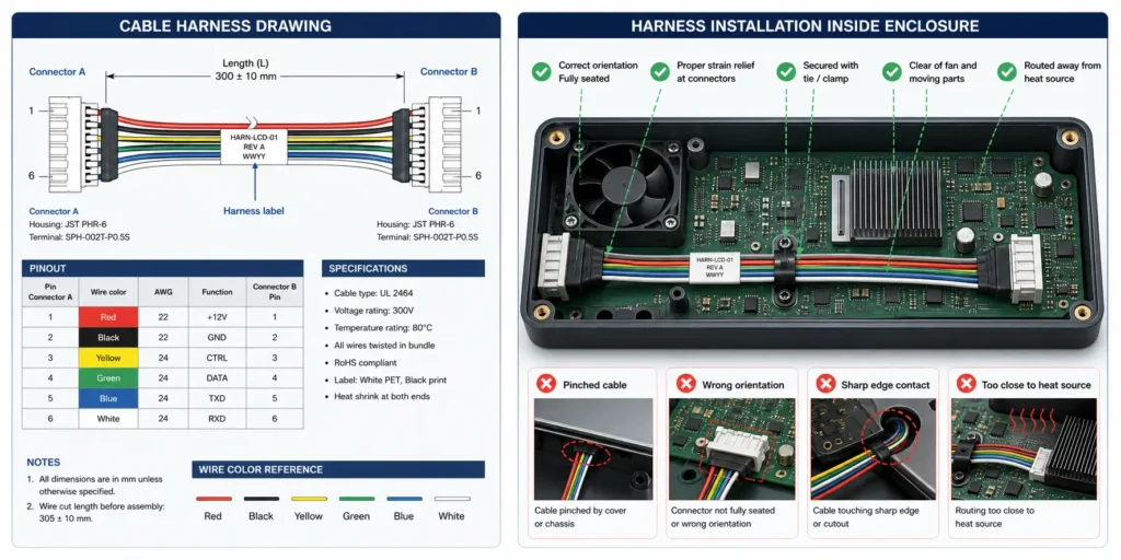 Cable harness routing and connector pinout control for box build assembly