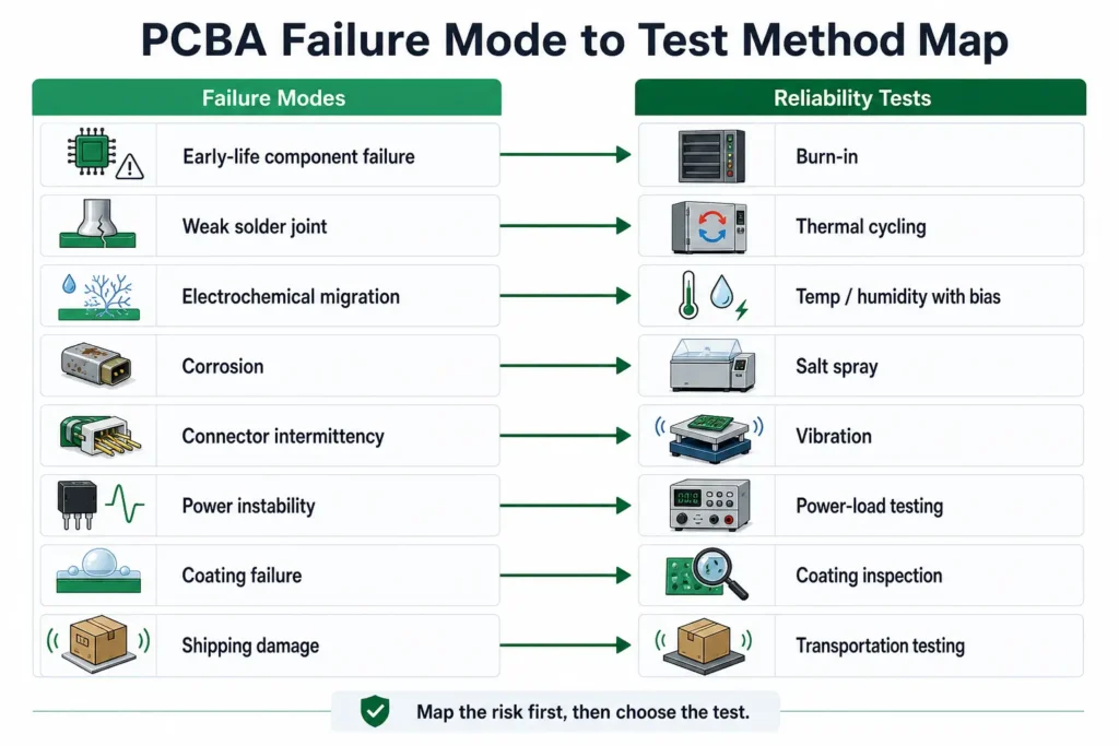PCBA failure modes mapped to burn-in, humidity, vibration, salt spray, and load testing