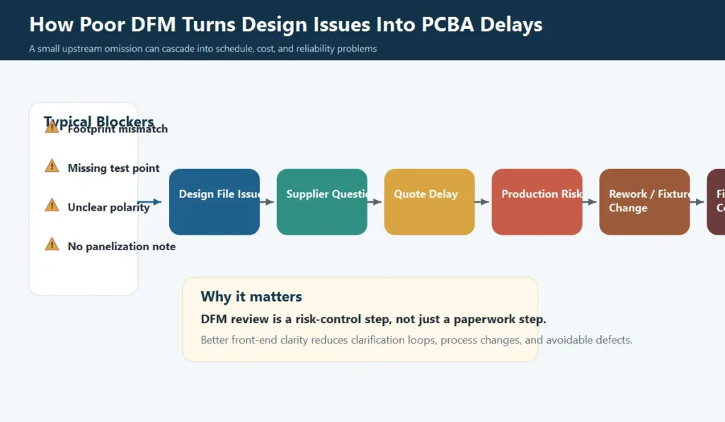 Flow showing how poor DFM causes PCBA quote delays, rework, and reliability risks