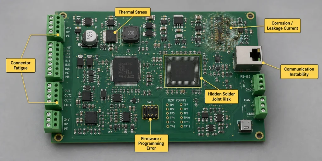 Industrial PCBA failure modes including corrosion, solder fatigue and connector stress