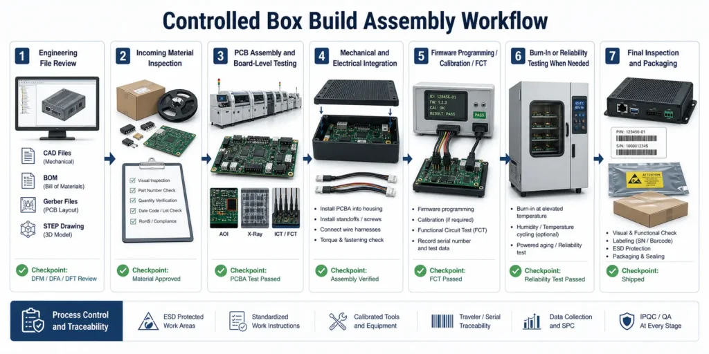 Box build assembly process from engineering file review to PCBA, integration, testing, and packaging