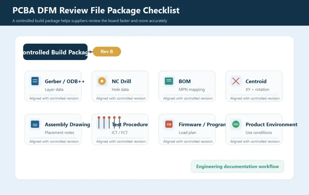 PCBA DFM review file package with Gerber, BOM, centroid, assembly drawing, and test files