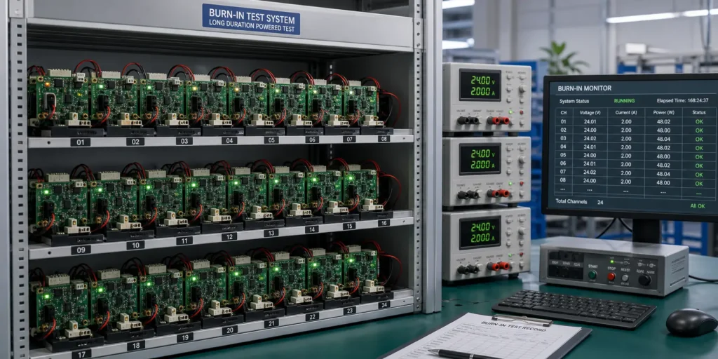 PCBA burn-in testing setup with powered circuit boards and load monitoring