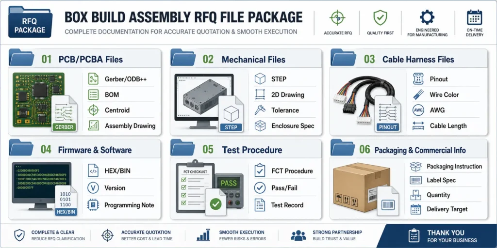 Box build assembly RFQ checklist with Gerber, BOM, STEP, cable harness, firmware, and test files