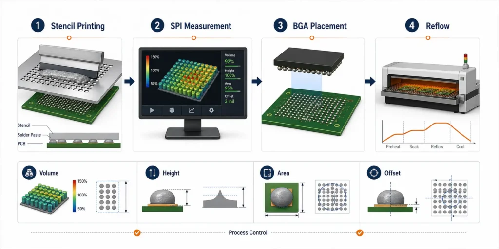 BGA stencil printing and SPI control flow showing solder paste volume inspection before component placement